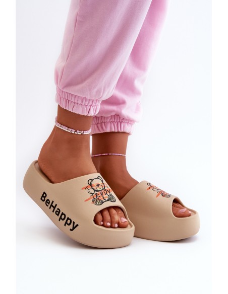 Light Women's Slides On Thick Sole With Plush Bear Dark Beige Serefina