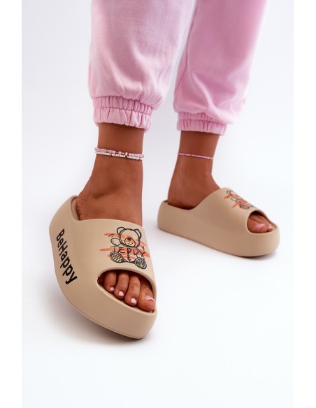 Light Women's Slides On Thick Sole With Plush Bear Dark Beige Serefina