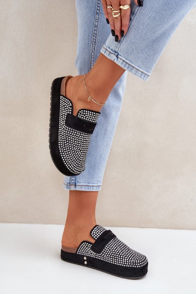 Women's sandals decorated with rhinestones on platform black Deorani