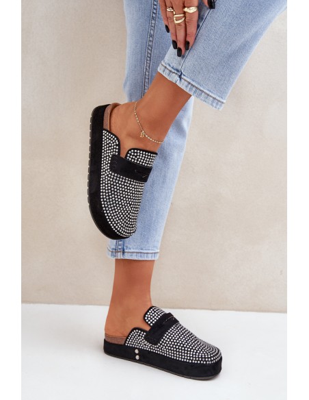 Women's sandals decorated with rhinestones on platform black Deorani