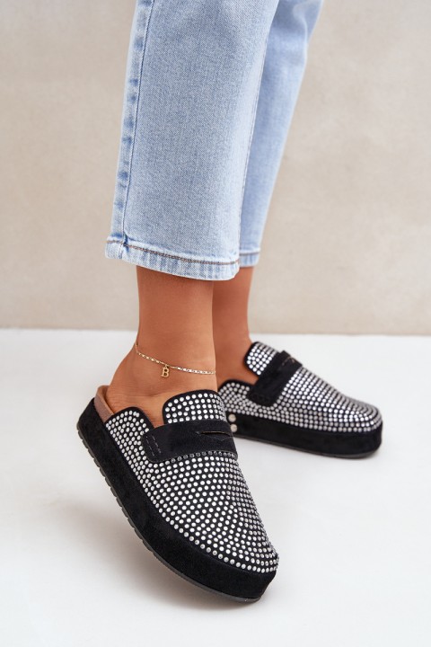 Women's sandals decorated with rhinestones on platform black Deorani