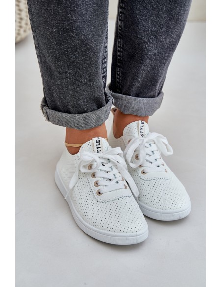 Ladies Perforated Lace-Up Sneakers Light Beige Carinel