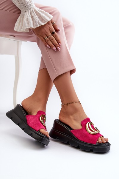 Ladies Sandals Made Of Eco Suede On Wedge And Platform With Golden Decoration Vinceza 58295 Fuchsia