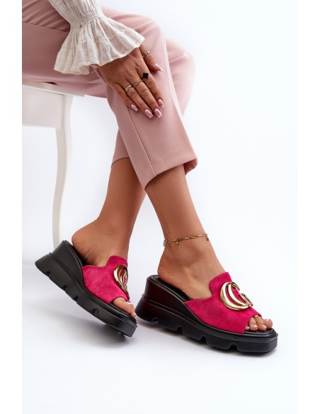 Ladies Sandals Made Of Eco Suede On Wedge And Platform With Golden Decoration Vinceza 58295 Fuchsia