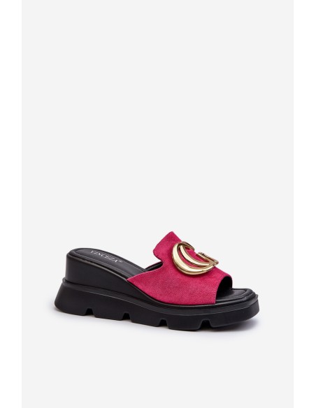 Ladies Sandals Made Of Eco Suede On Wedge And Platform With Golden Decoration Vinceza 58295 Fuchsia