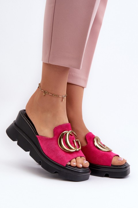 Ladies Sandals Made Of Eco Suede On Wedge And Platform With Golden Decoration Vinceza 58295 Fuchsia
