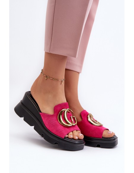 Ladies Sandals Made Of Eco Suede On Wedge And Platform With Golden Decoration Vinceza 58295 Fuchsia