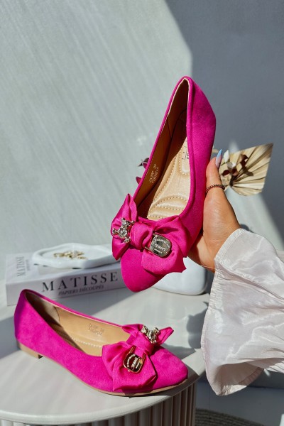 Women's Eco Suede Ballerina Flats with Bow and Brooch Fuchsia Satris