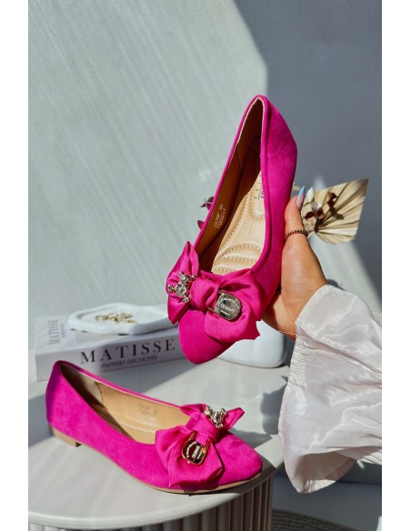 Women's Eco Suede Ballerina Flats with Bow and Brooch Fuchsia Satris