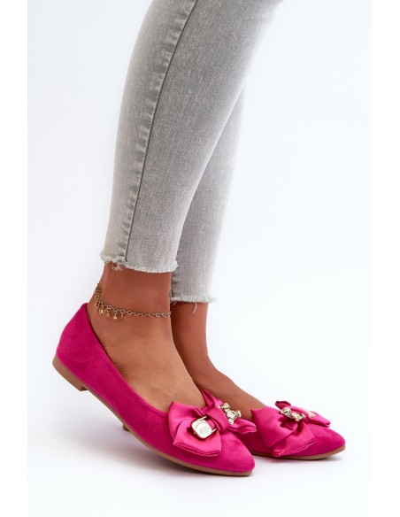 Women's Eco Suede Ballerina Flats with Bow and Brooch Fuchsia Satris