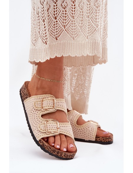 Crochet Women's Slippers With Golden Buckles Beige Fenira