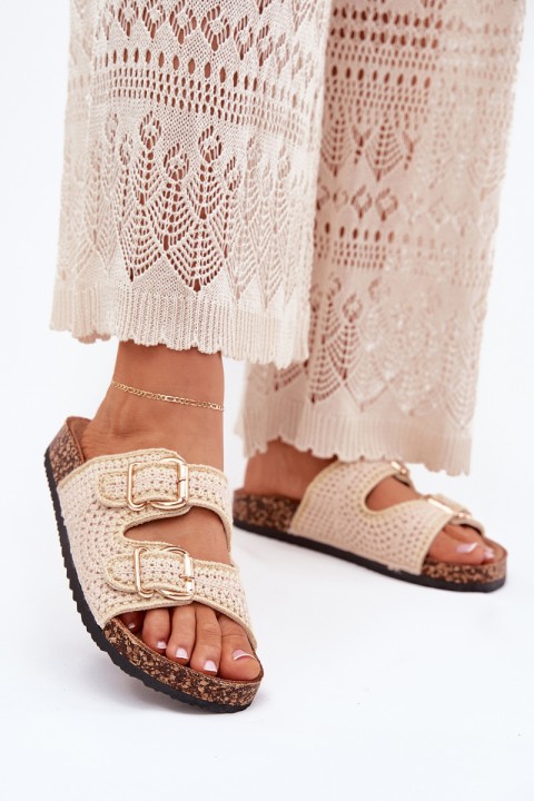 Crochet Women's Slippers With Golden Buckles Beige Fenira
