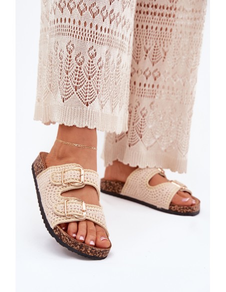 Crochet Women's Slippers With Golden Buckles Beige Fenira