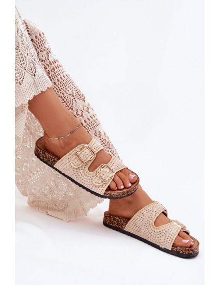Crochet Women's Slippers With Golden Buckles Beige Fenira
