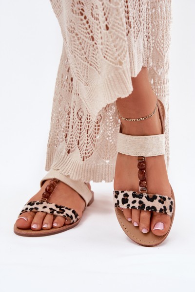 Flat Women Sandals With Beads Leopard Beige Virona