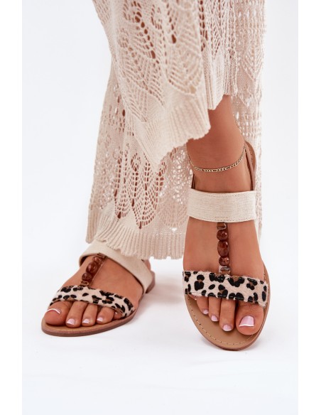 Flat Women Sandals With Beads Leopard Beige Virona