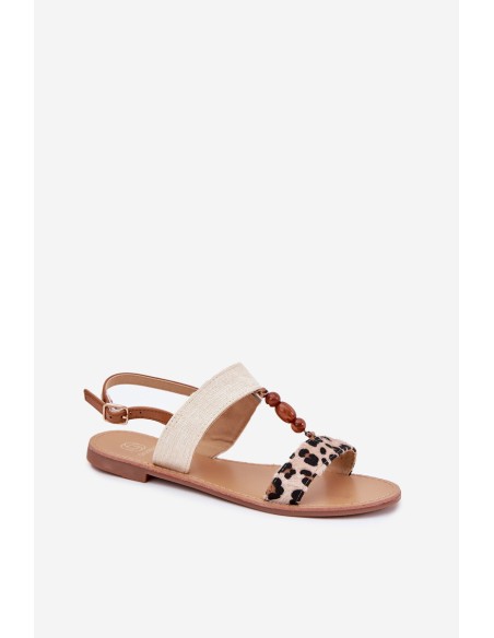 Flat Women Sandals With Beads Leopard Beige Virona