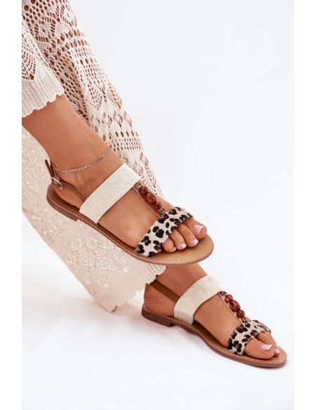 Flat Women Sandals With Beads Leopard Beige Virona