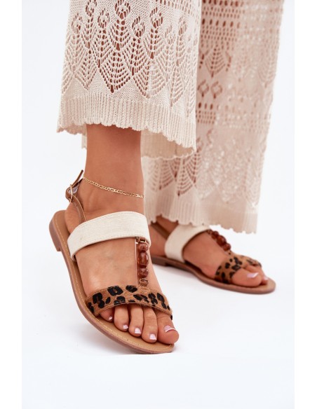 Flat Women's Sandals With Beads Leopard Brown Virona