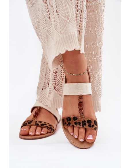 Flat Women's Sandals With Beads Leopard Brown Virona