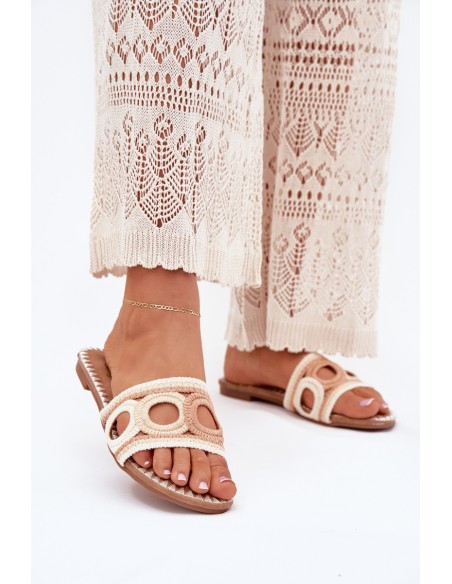 Crocheted women's slippers on a flat heel beige Nirina