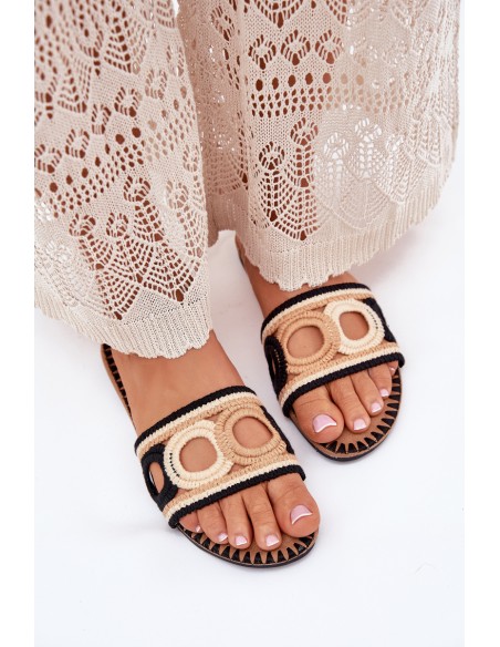 Crocheted Women's Slippers On Flat Heel Black Nirina