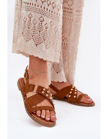 Women's Flat Sandals With Golden Studs Camel Zanira