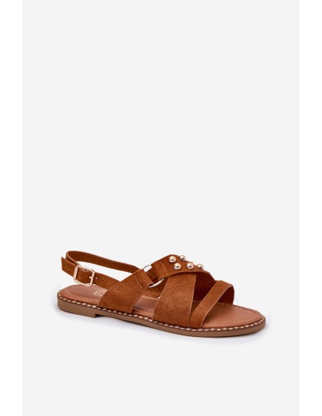 Women's Flat Sandals With Golden Studs Camel Zanira
