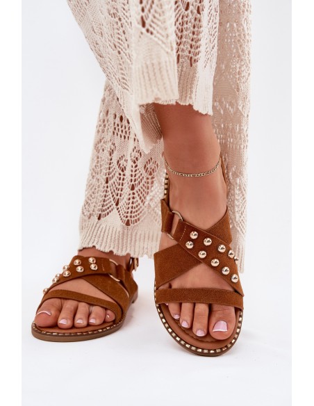 Women's Flat Sandals With Golden Studs Camel Zanira