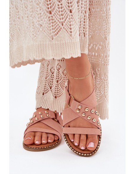Women's Flat Heel Sandals With Golden Studs Pink Zanira