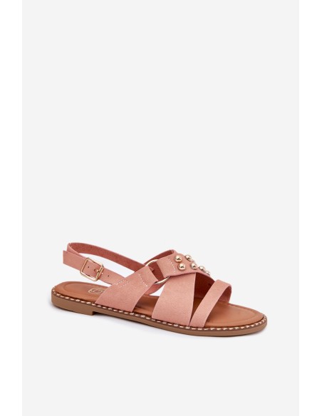 Women's Flat Heel Sandals With Golden Studs Pink Zanira