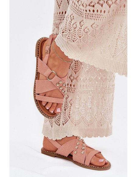 Women's Flat Heel Sandals With Golden Studs Pink Zanira