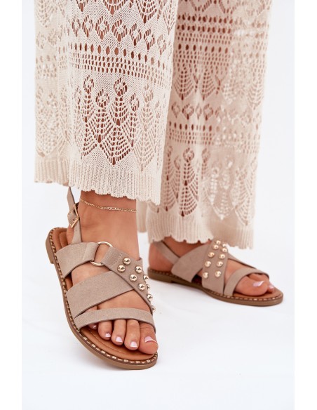 Women's Flat Heeled Sandals With Gold Studs Beige Zanira