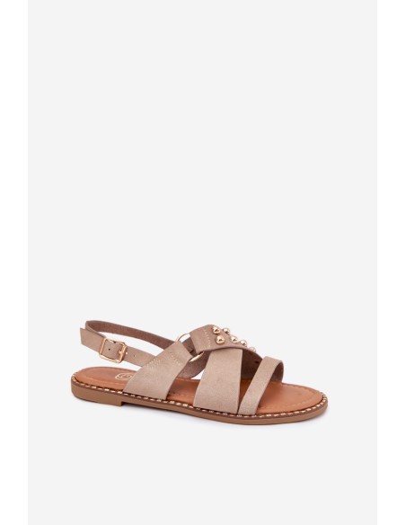 Women's Flat Heeled Sandals With Gold Studs Beige Zanira