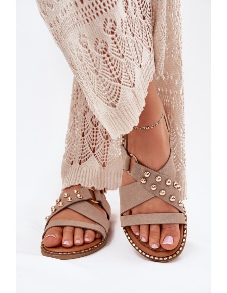 Women's Flat Heeled Sandals With Gold Studs Beige Zanira