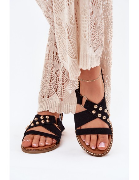 Women's sandals on flat heels with golden studs black Zanira