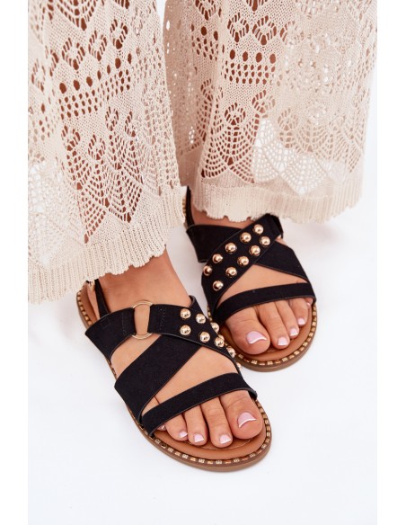 Women's sandals on flat heels with golden studs black Zanira