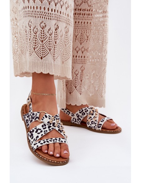 Women's Flat Sandals With Golden Studs Black-White Zanira