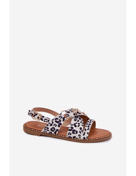 Women's Flat Sandals With Golden Studs Black-White Zanira