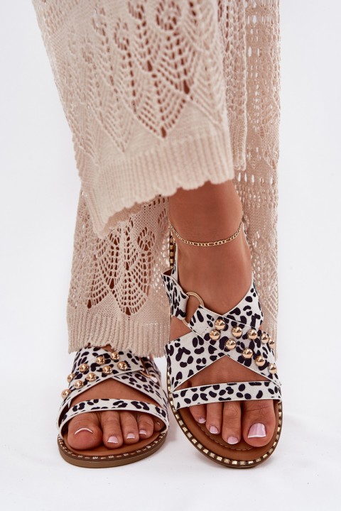 Women's Flat Sandals With Golden Studs Black-White Zanira