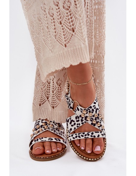 Women's Flat Sandals With Golden Studs Black-White Zanira