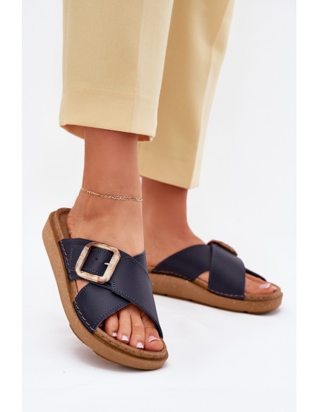 Women's Leather Slippers With Buckle Inblu Dark Blue ED0003IU