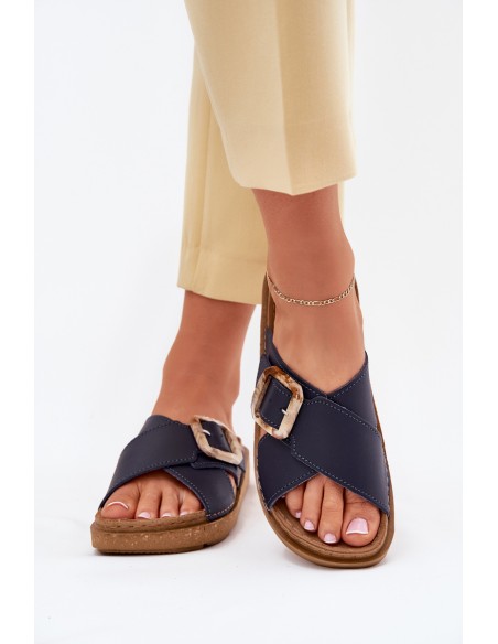 Women's Leather Slippers With Buckle Inblu Dark Blue ED0003IU