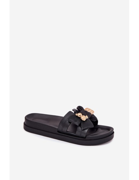 Women's Slippers With Bow And Golden Brooch Black Lynara