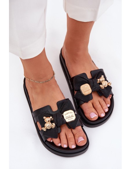 Women's Slippers With Bow And Golden Brooch Black Lynara