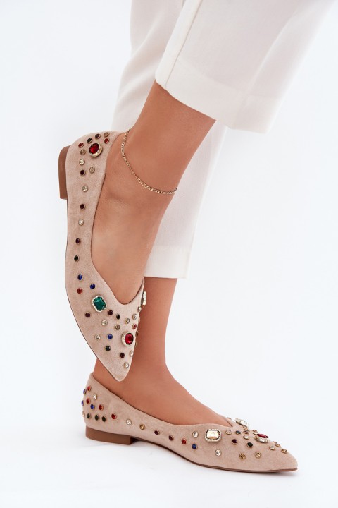 Moteriškos balerinos su kristalais, smėlio spalvos, Valena