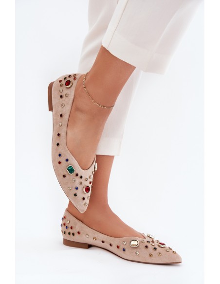 Moteriškos balerinos su kristalais, smėlio spalvos, Valena