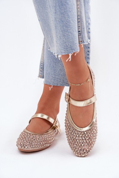 Decorated Women's Ballet Flats With Strap And Buckle Gold Avirae