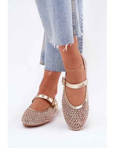 Decorated Women's Ballet Flats With Strap And Buckle Gold Avirae
