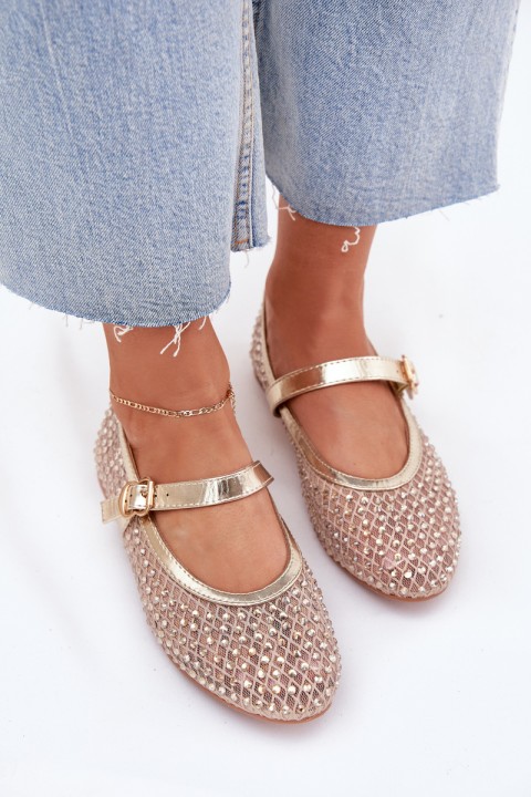 Decorated Women's Ballet Flats With Strap And Buckle Gold Avirae